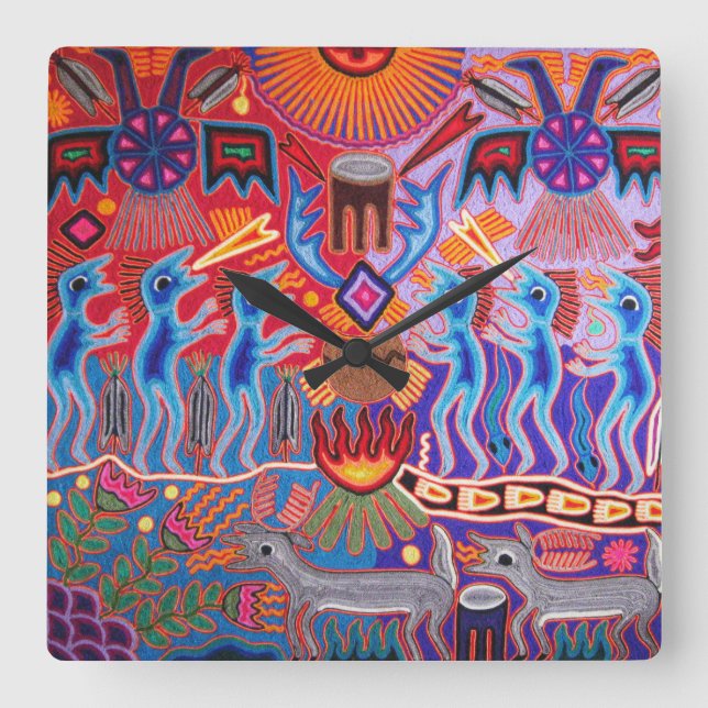 Shaman Hunter Sun Ritual Huichol Square Wall Clock (Front)
