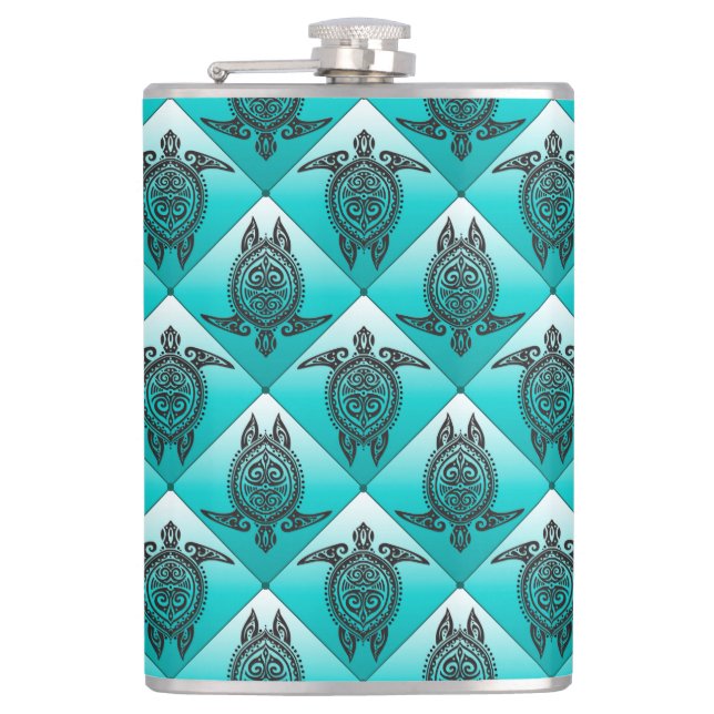 Shamanic Sea Turtles Pattern - cyan Hip Flask (Front)