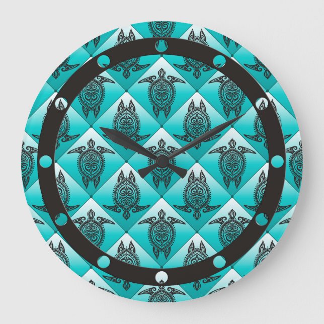 Shamanic Sea Turtles Pattern - cyan Large Clock (Front)