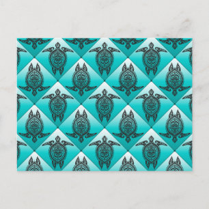 Shamanic Sea Turtles Pattern - cyan Postcard