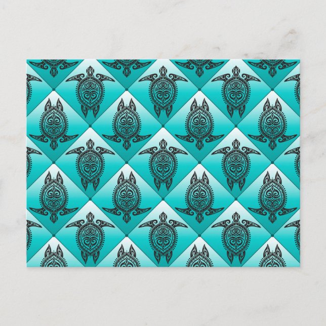 Shamanic Sea Turtles Pattern - cyan Postcard (Front)