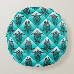 Shamanic Sea Turtles Pattern - cyan Round Cushion