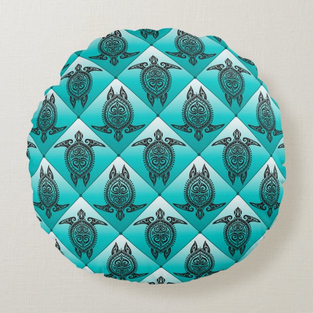 Shamanic Sea Turtles Pattern - cyan Round Cushion (Front)