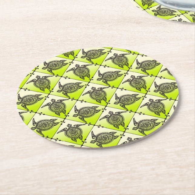 Shamanic Sea Turtles Pattern - green Round Paper Coaster (Angled)