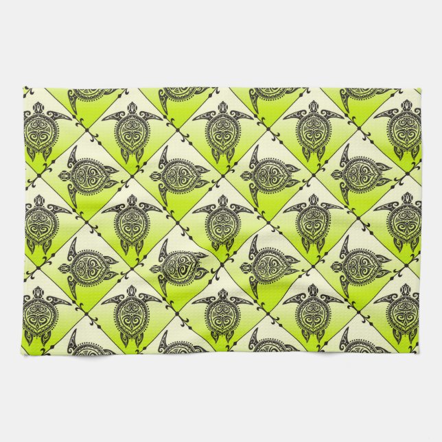 Shamanic Sea Turtles Pattern - green Tea Towel (Horizontal)