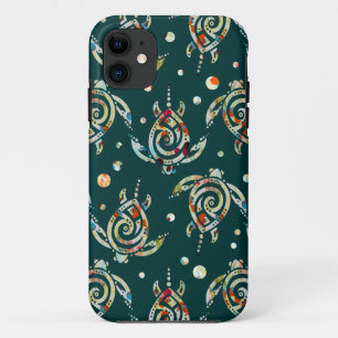 Shamanic Sea Turtles Pattern + your backgr. colour iPhone 11 Case