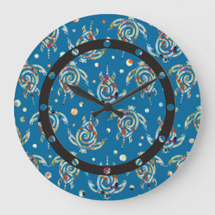 Shamanic Sea Turtles Pattern + your backgr. colour Large Clock