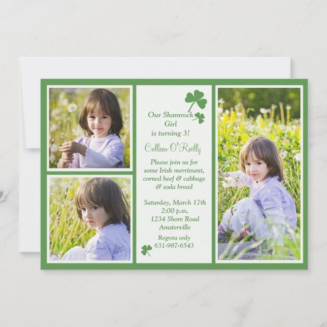 Shamrock 3-Photo Birthday Party Invitation. Invitation (Front)