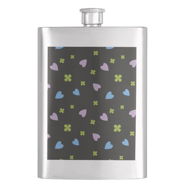 Shamrock and Hearts Pattern Hip Flask (Front)