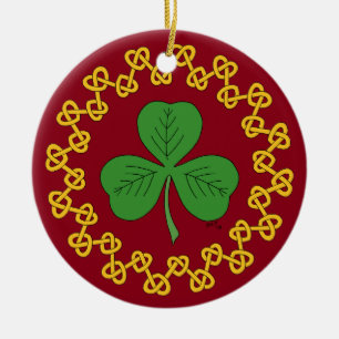 Shamrock and Knotwork on Red Ceramic Tree Decoration