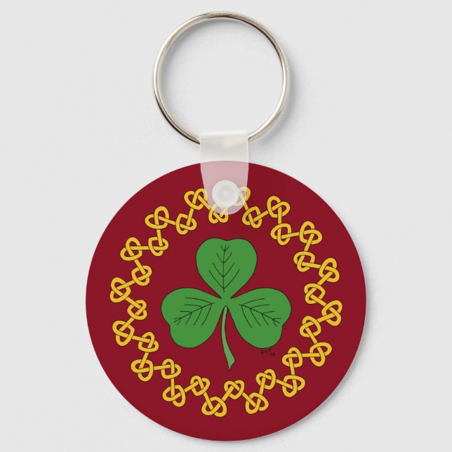 Shamrock and Knotwork on Red Key Ring (Front)