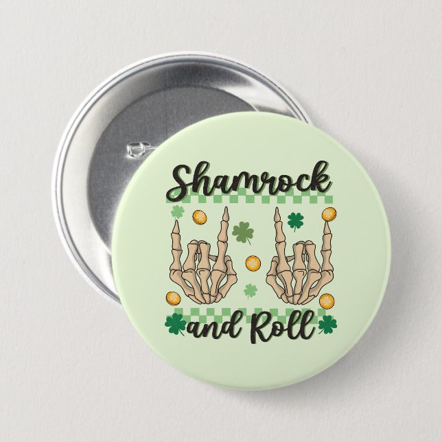 Shamrock and Roll Hand Skeleton 7.5 Cm Round Badge (Front & Back)