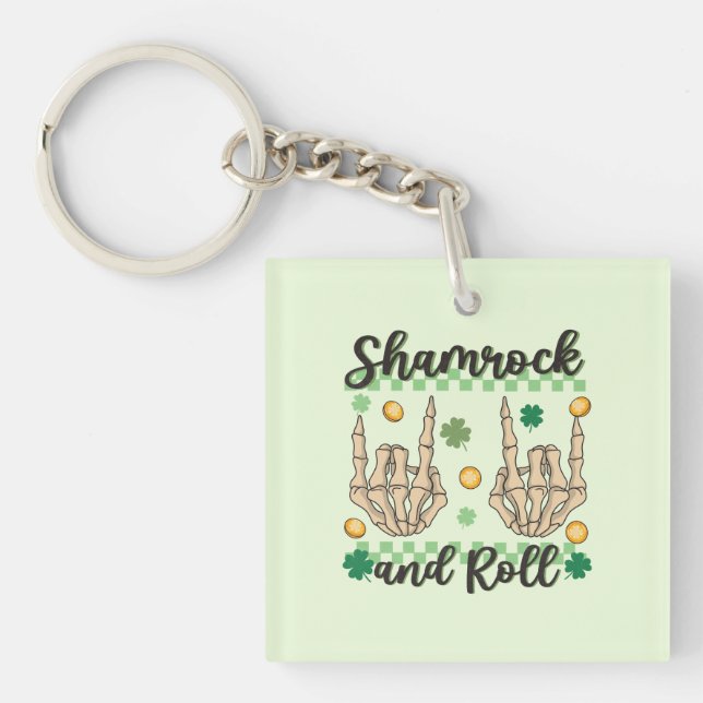 Shamrock and Roll Hand Skeleton Key Ring (Front)