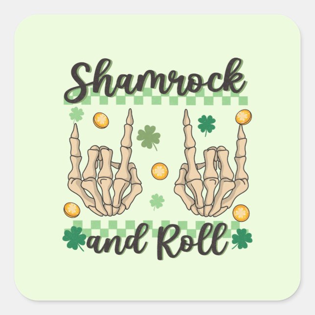 Shamrock and Roll Hand Skeleton Square Sticker (Front)