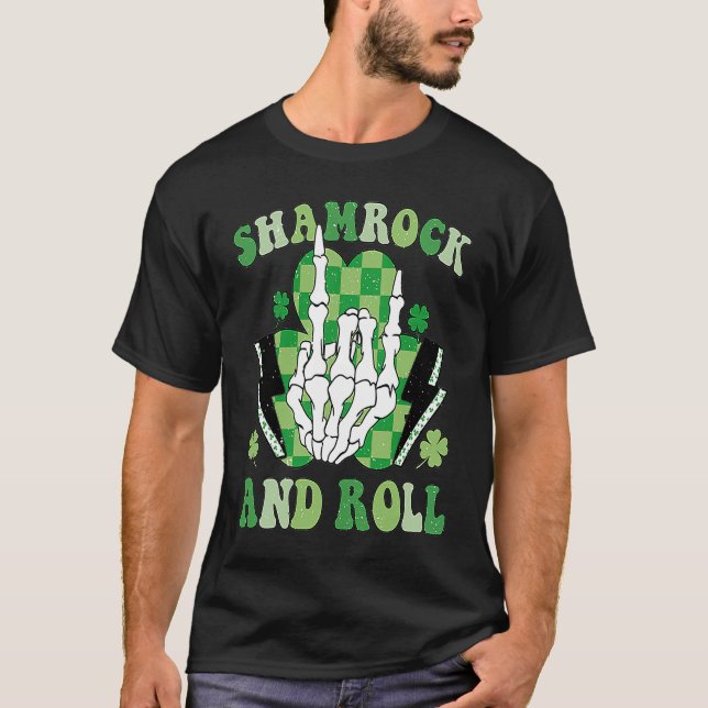 Shamrock And Roll Skeleton Retro St Pattys Patrick T-Shirt (Front)