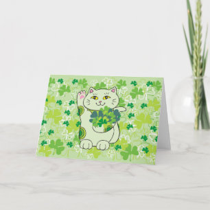 Shamrock Bouquet Maneki Neko (Lucky Cat) Card