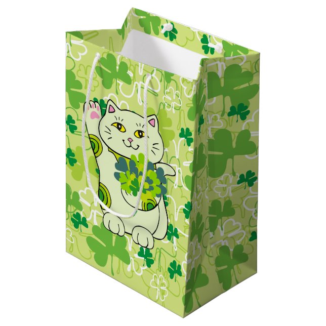 Shamrock Bouquet Maneki Neko (Lucky Cat) Medium Gift Bag (Front Angled)