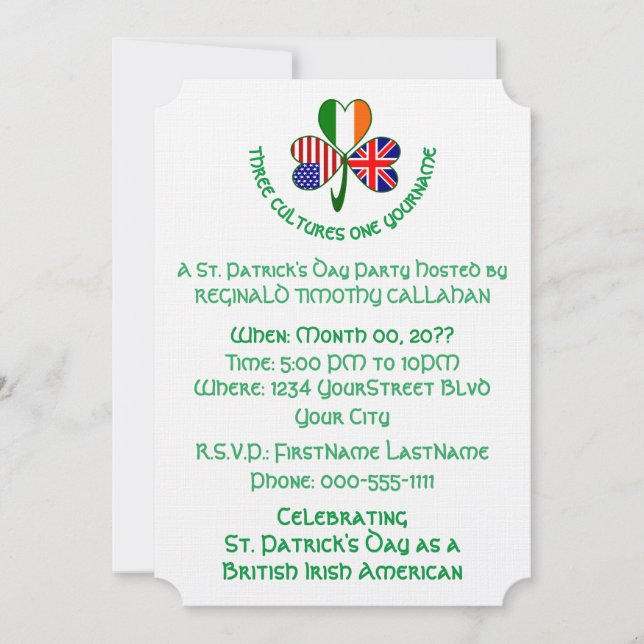Shamrock British Irish American Personalize Text Invitation (Front)