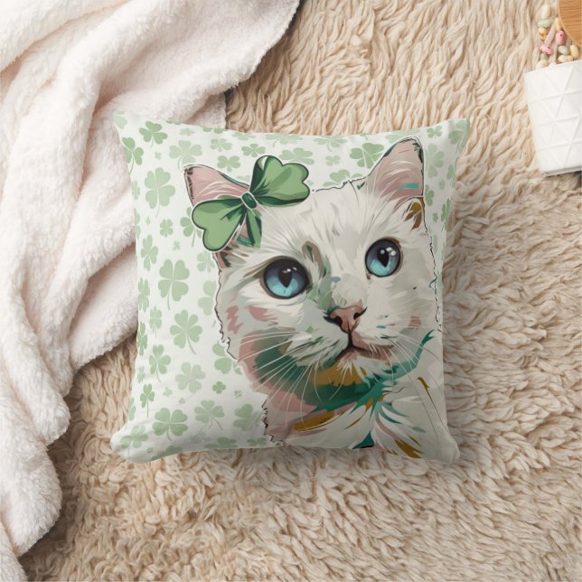 Shamrock Cat with Blue Eyes Cushion (Blanket)