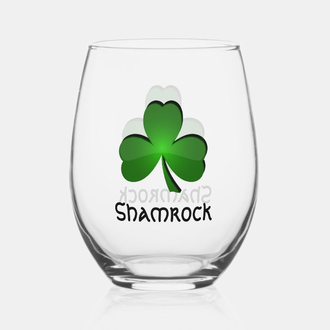 Shamrock Clover Design Stemless Wine Glass (Front)