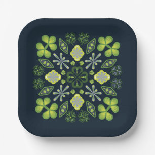 Shamrock Clover Floral Mandala Blue Paper Plate
