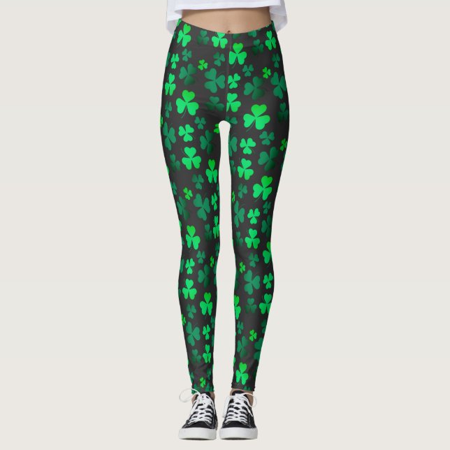 Shamrock Clover Ireland Irish Modern Green & Black Leggings (Front)