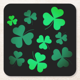 Shamrock Clover Ireland Irish Modern Green & Black Square Paper Coaster