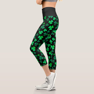 Shamrock Clover Ireland Irish Trendy Green & Black Capri Leggings