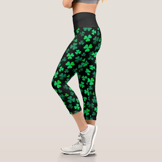 Shamrock Clover Ireland Irish Trendy Green & Black Capri Leggings (Left)