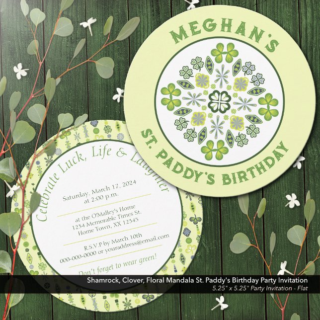 Shamrock Clover Mandala St. Paddy's Birthday Party Invitation (Shamrock, Clover, and Floral Lucky Mandala: St. Paddy's Birthday Party Invitation)