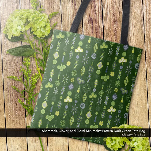Shamrock Clover Minimal Modern Pattern Dark Green Tote Bag (Shamrock, Clover, and Floral Minimalist Pattern Dark Blue Tote Bag - Medium Size)