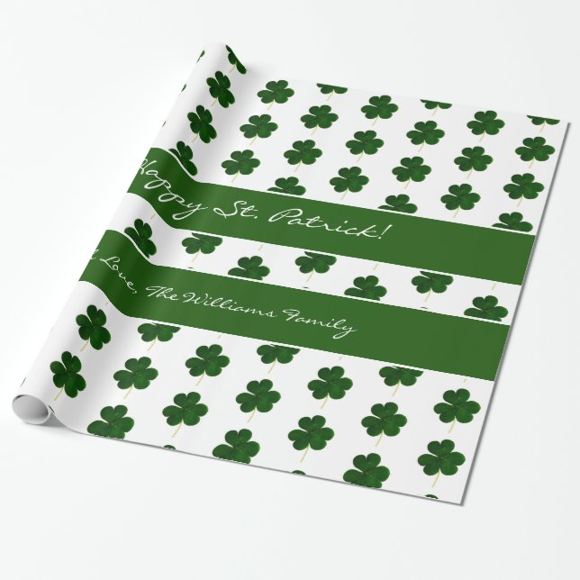 Shamrock Clover Pattern Custom Text St. Patrick Wrapping Paper (Unrolled)
