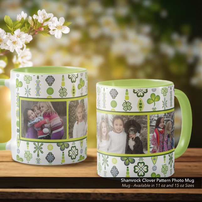 Shamrock Clover Pattern Photo Mug (Shamrock and Clover Pattern Mug: Personalize with Your Three (3) Favorite Photos)
