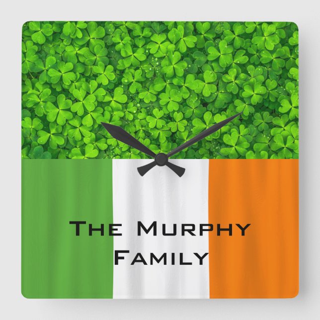 Shamrock Clovers Green Irish Flag Ireland Square Wall Clock (Front)