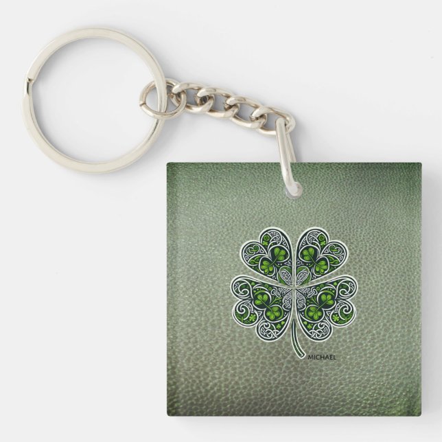 Shamrock Colover  St.Patrick`s Day Green Leather  Key Ring (Front)