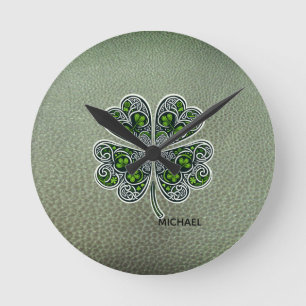Shamrock Colover  St.Patrick`s Day Green Leather  Round Clock