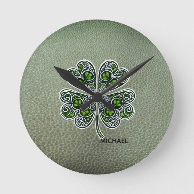 Shamrock Colover  St.Patrick`s Day Green Leather  Round Clock (Front)