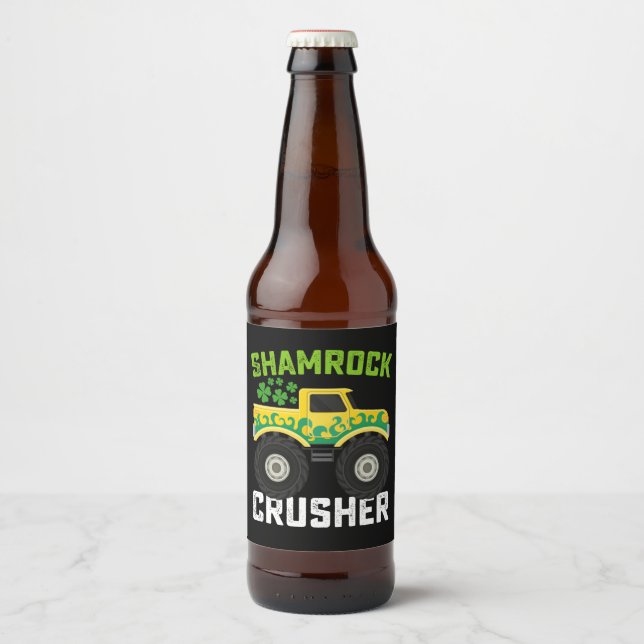 Shamrock Crusher Monster Truck St Patrick's Day Beer Bottle Label (Front)