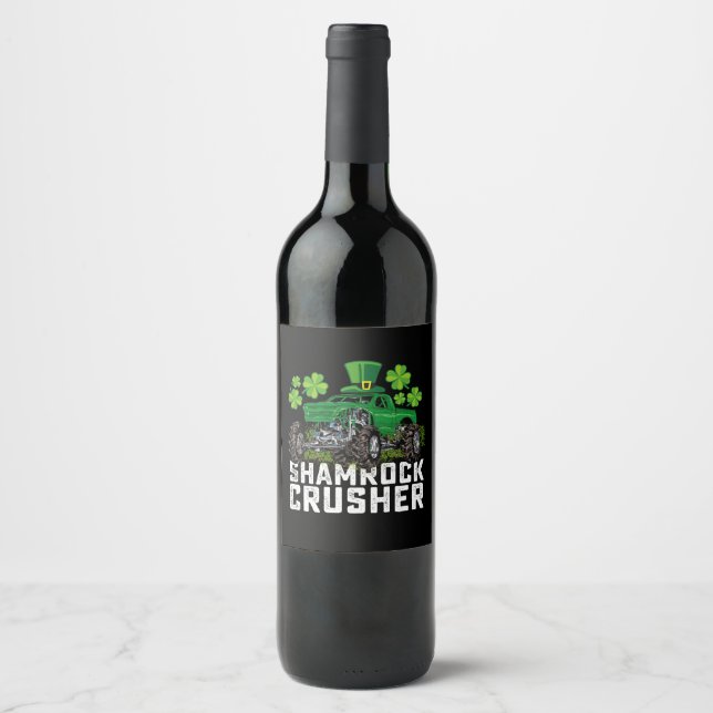 Shamrock Crusher St Patricks Day Monster Truck Wine Label (Front)