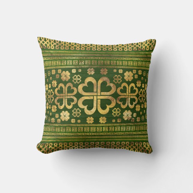 Shamrock Four-leaf Clover Green Wood and Gold Cushion (Front)