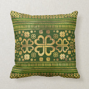 Shamrock Four-leaf Clover Green Wood and Gold Cushion