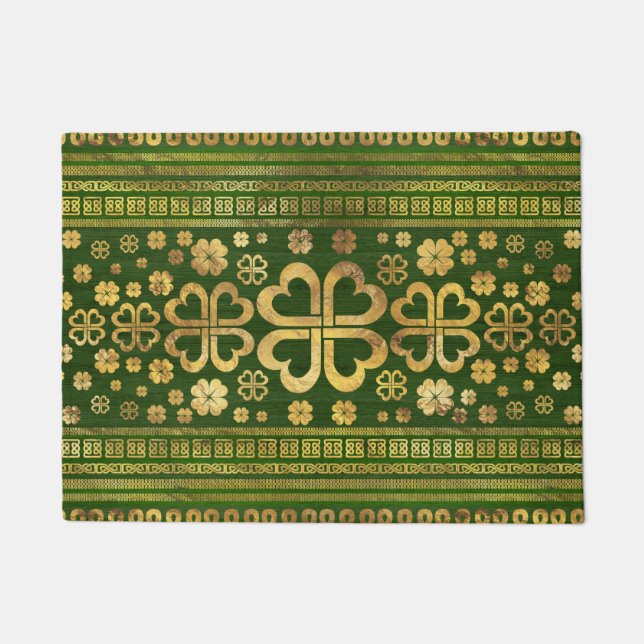 Shamrock Four-leaf Clover Green Wood and Gold Doormat (Front)