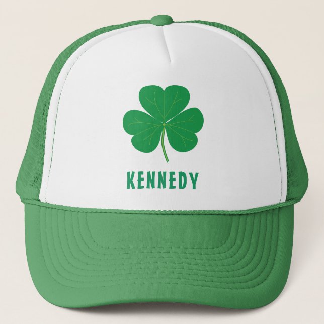 Shamrock Green Clover Ireland Irish Custom Name Trucker Hat (Front)