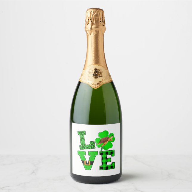 Shamrock Green Plaid Love Sea Turtle St Patrick'S Sparkling Wine Label (Front)