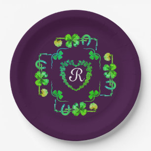 SHAMROCK HEART,FLOWER,GREEN FLORAL MONOGRAM Purple Paper Plate