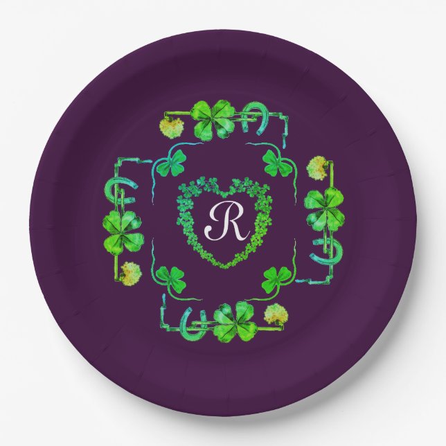 SHAMROCK HEART,FLOWER,GREEN FLORAL MONOGRAM Purple Paper Plate (Front)