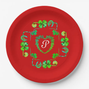 SHAMROCK HEART,FLOWERS,GREEN FLORAL MONOGRAM Red P Paper Plate