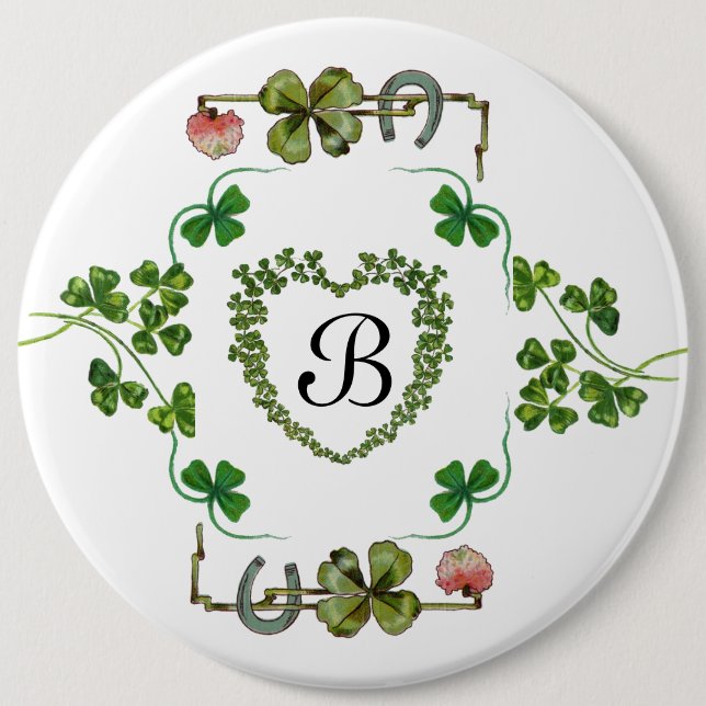 SHAMROCK HEART,FLOWERS,GREEN FLORAL MONOGRAM White 6 Cm Round Badge (Front)