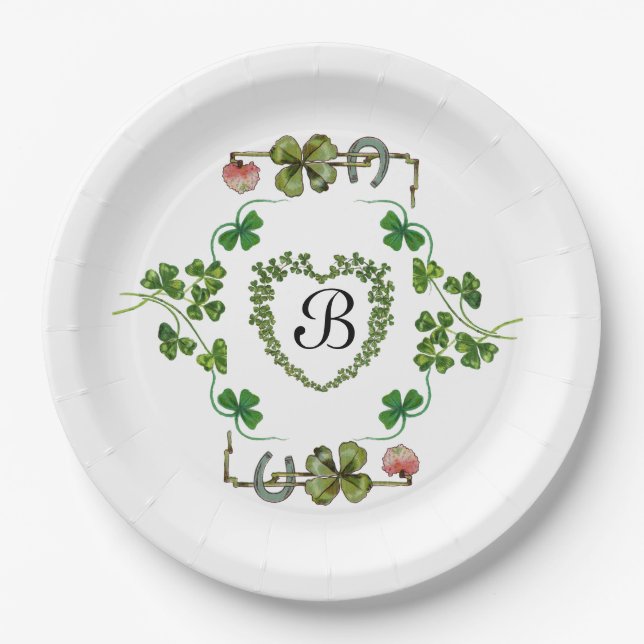 SHAMROCK HEART,FLOWERS,GREEN FLORAL MONOGRAM White Paper Plate (Front)