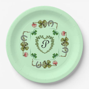 SHAMROCK HEART,PINK FLOWERS,GREEN FLORAL MONOGRAM  PAPER PLATE